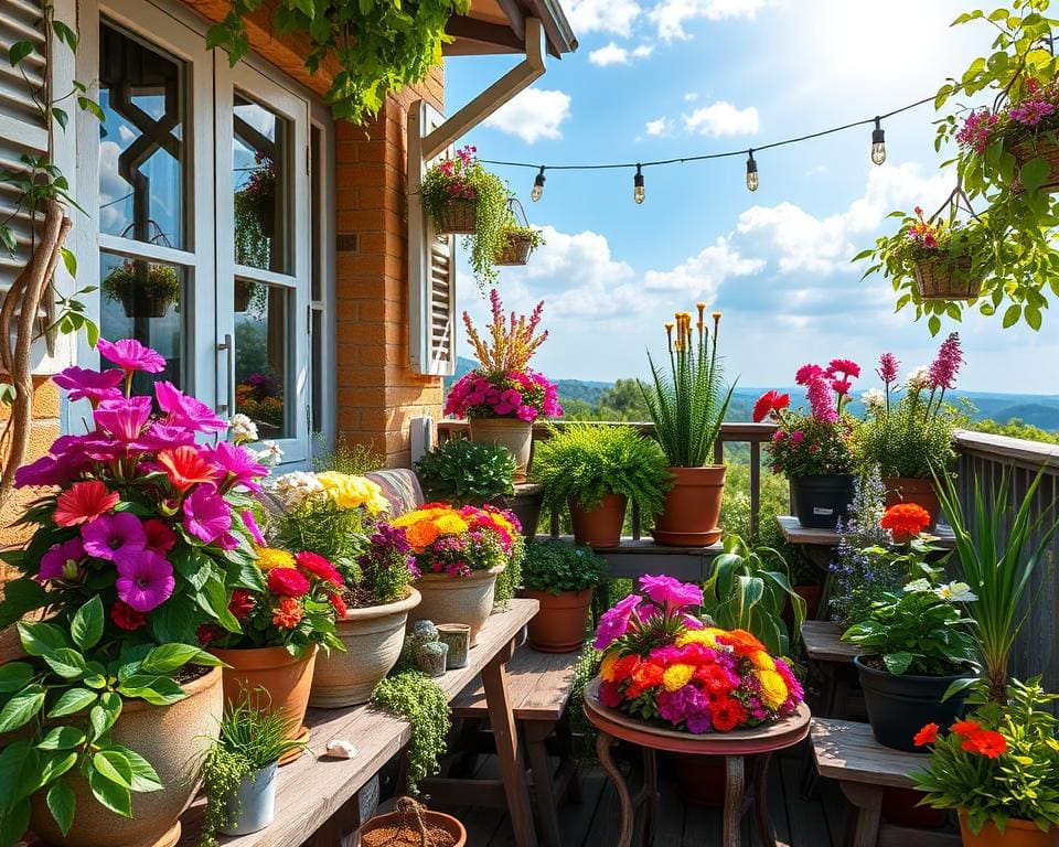 Balkon Deko mit Blumenschalen