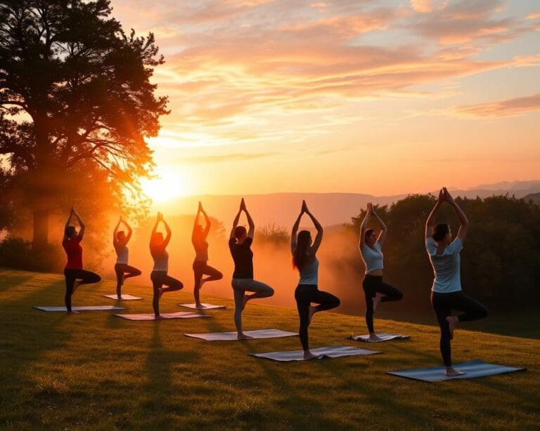 Freiluft-Yoga bei Sonnenaufgang
