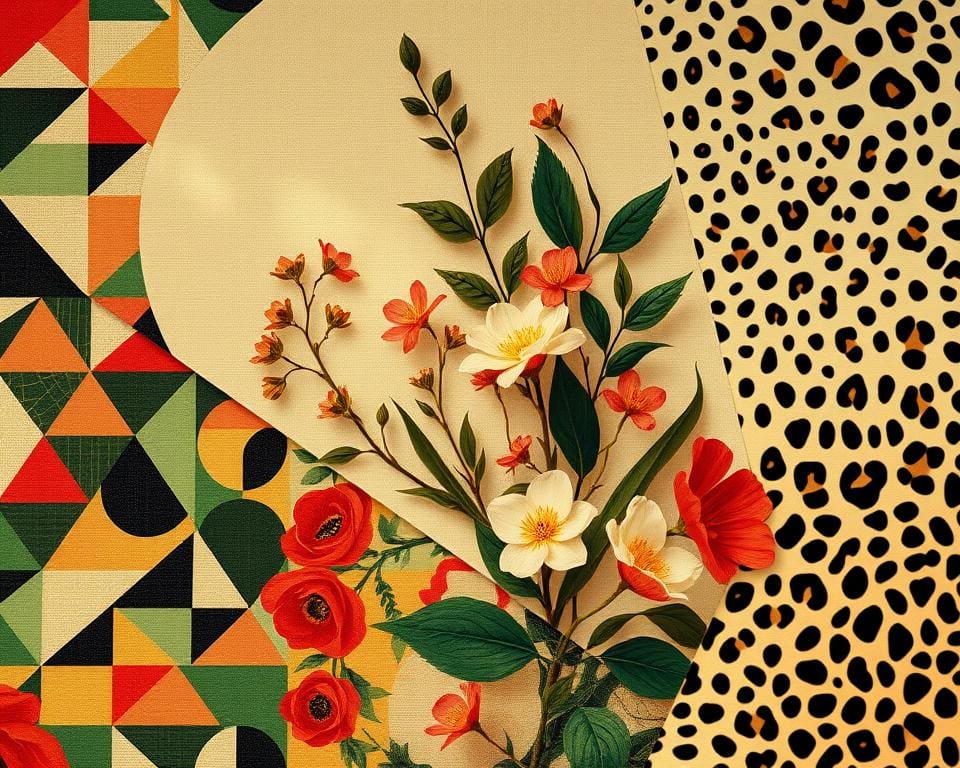 Musterkombinationen mit geometrischen und floralen Mustern und Tierdrucken